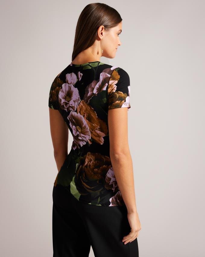 T-Shirt Ted Baker Floral Print Noir Femme | OYH-93849125